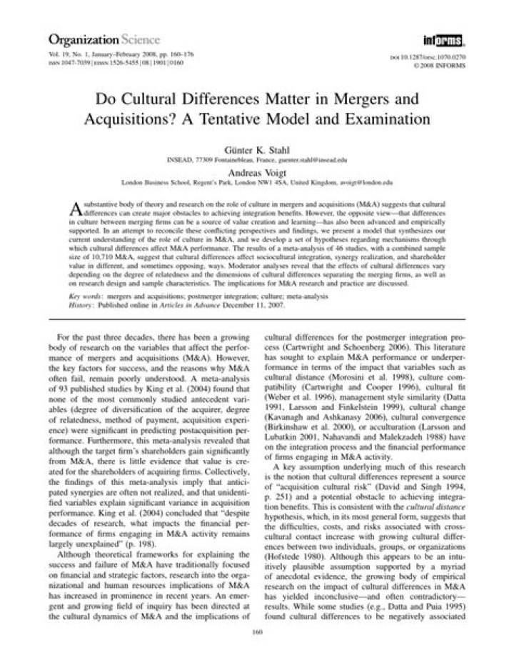 Do cultural differences matter in mergers and acquisitions?