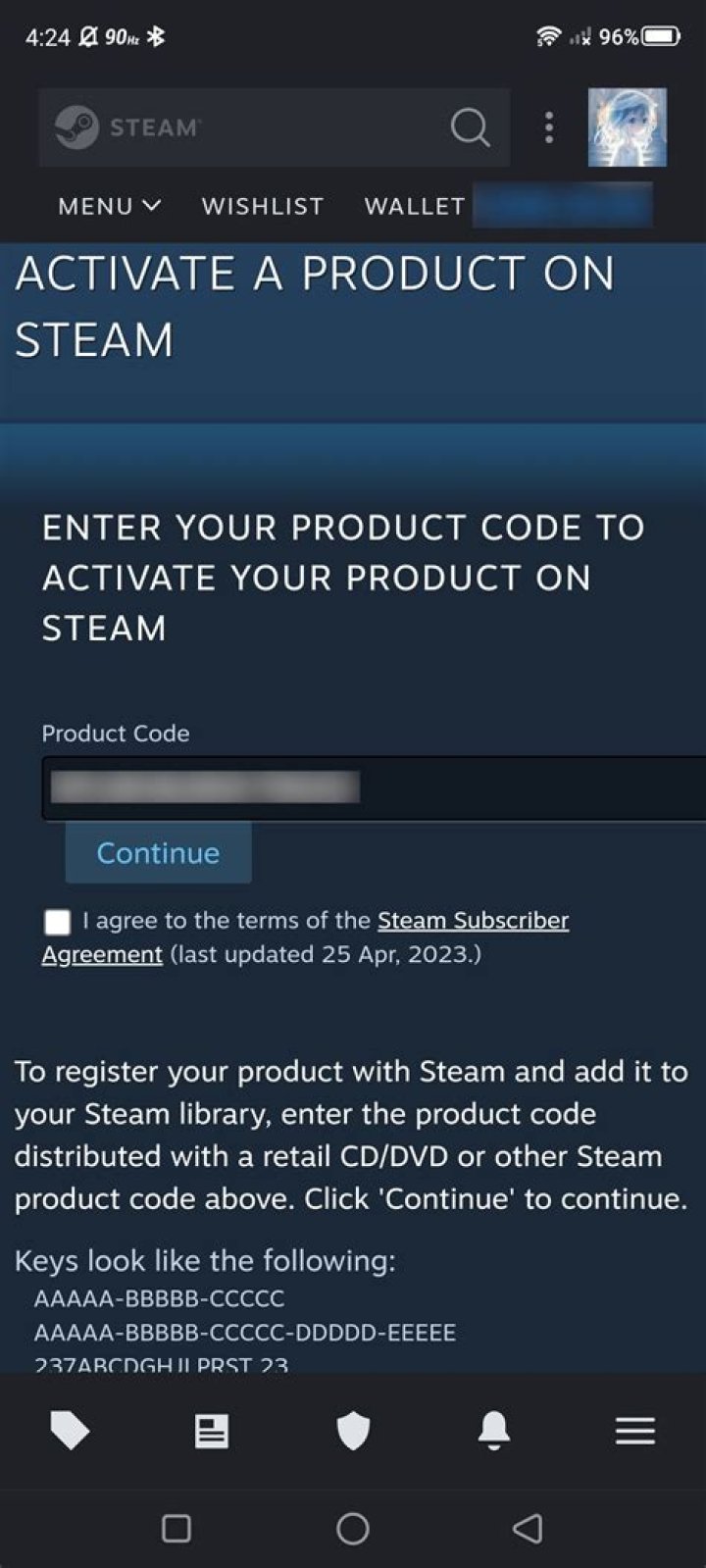 How do I activate a Steam code on my phone?