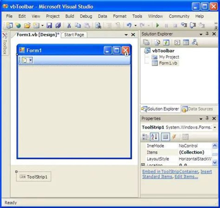 How do I add a toolbar in Visual Studio?