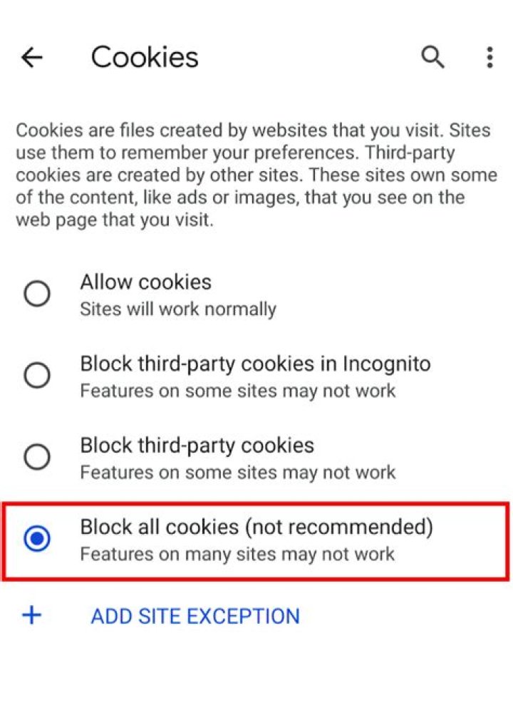 How do I block cookies from a site?