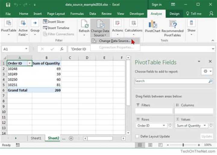How do I change the range of a pivot table in Excel 2016?