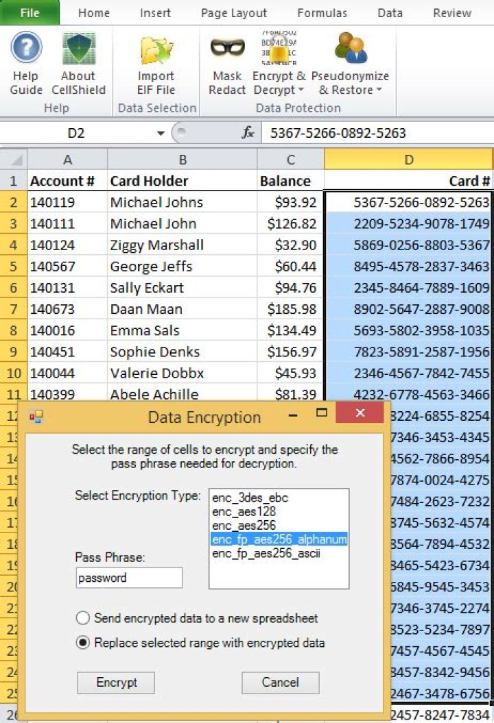How do I encrypt data in Excel spreadsheet?