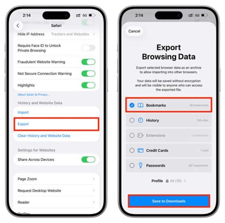 How do I export Safari bookmarks to iPhone?