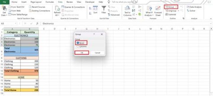 How do I sum and group rows in Excel?