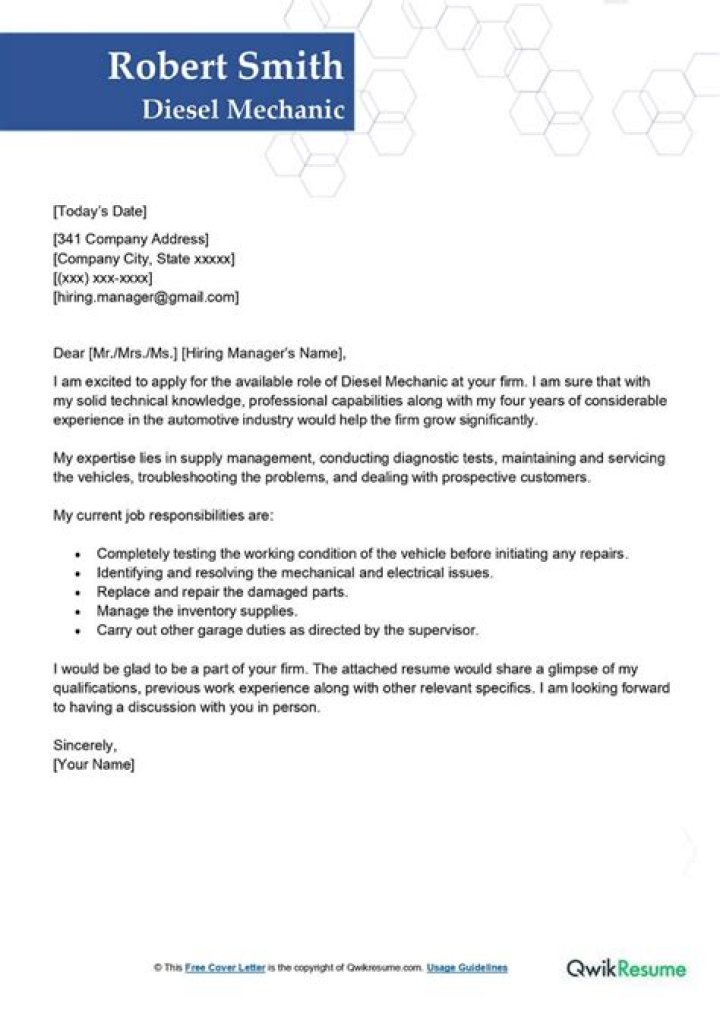How do I write a cover letter for a diesel mechanic?