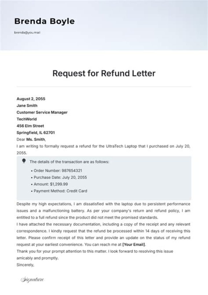 How do I write a letter of refund for money?
