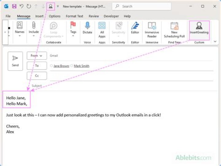 How do you add a recipient name in Outlook?