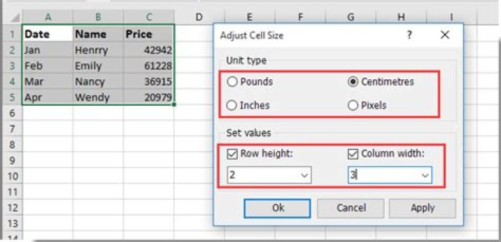 How do you change to cm in Excel?
