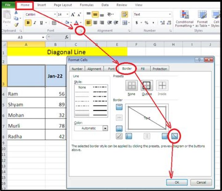 How do you find the diagonal in Excel?