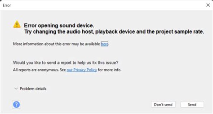 How do you fix an error when opening an audio device in audacity?