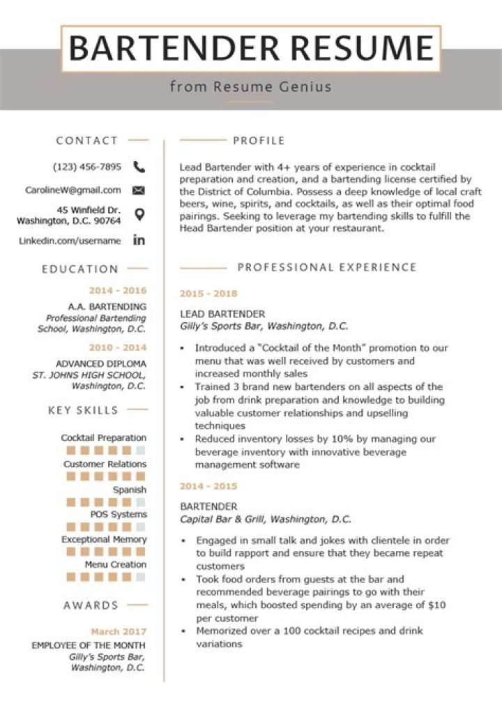 How do you list a bartender experience on a resume?