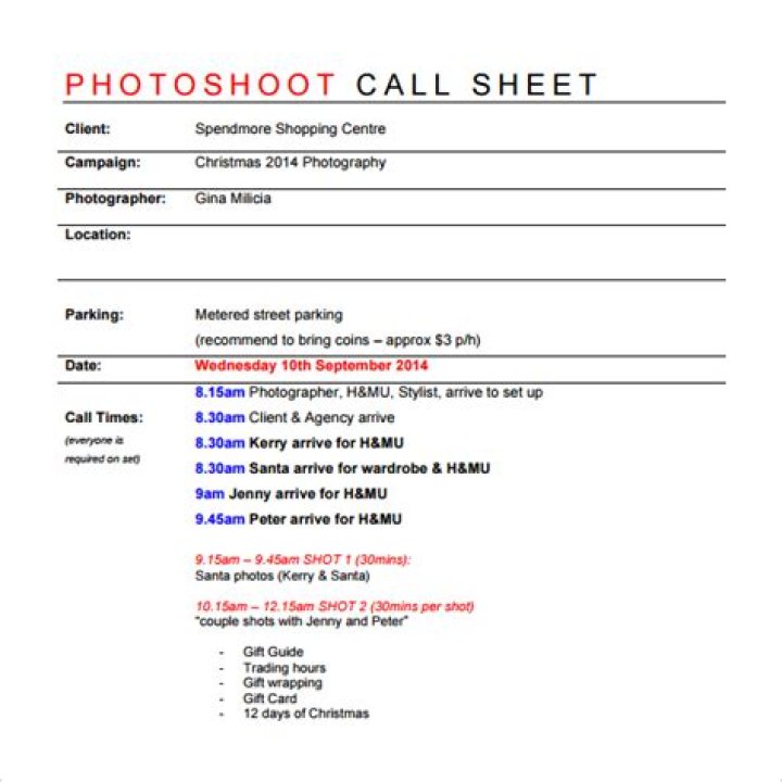 How do you make a photoshoot call sheet?