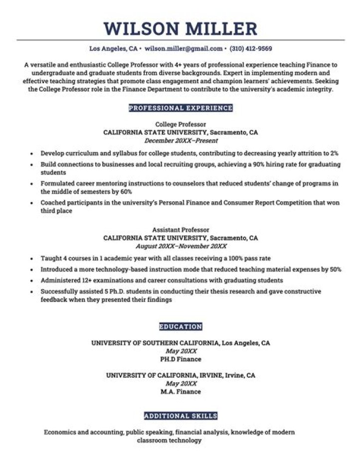 How do you write a resume for a college teacher?
