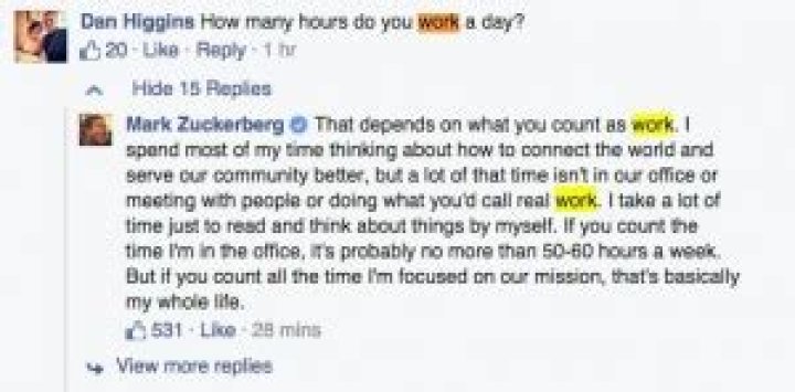 How many hours a week does Mark Zuckerberg work?