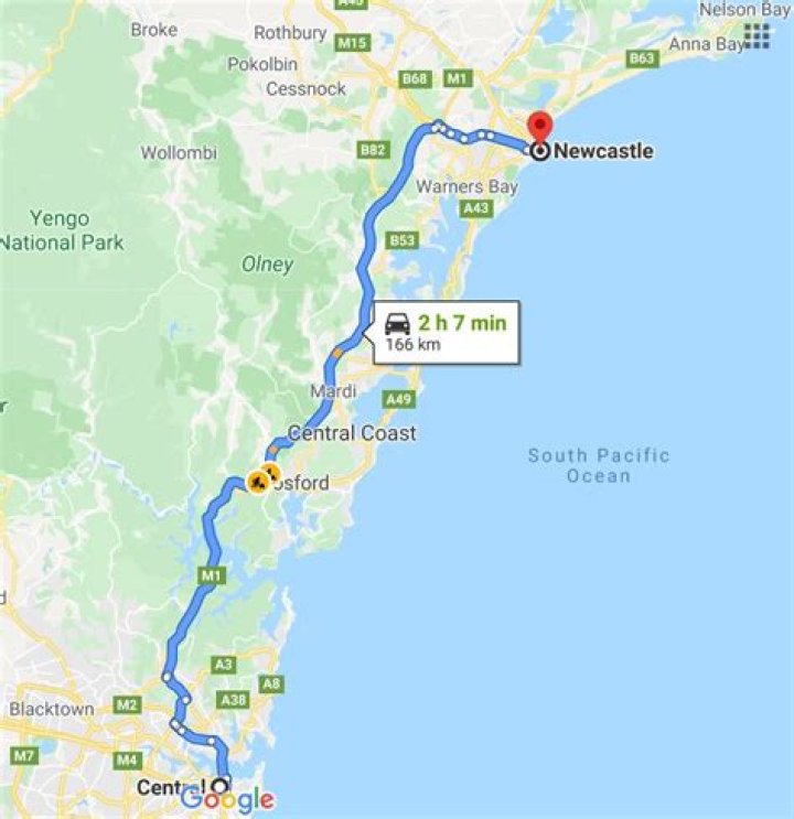 How many kms from Sydney to Newcastle?