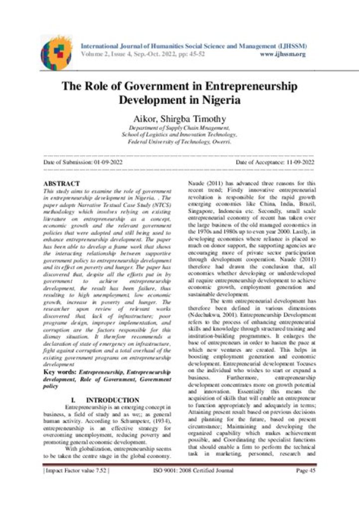 What are the role of government in entrepreneurship development in Nigeria?