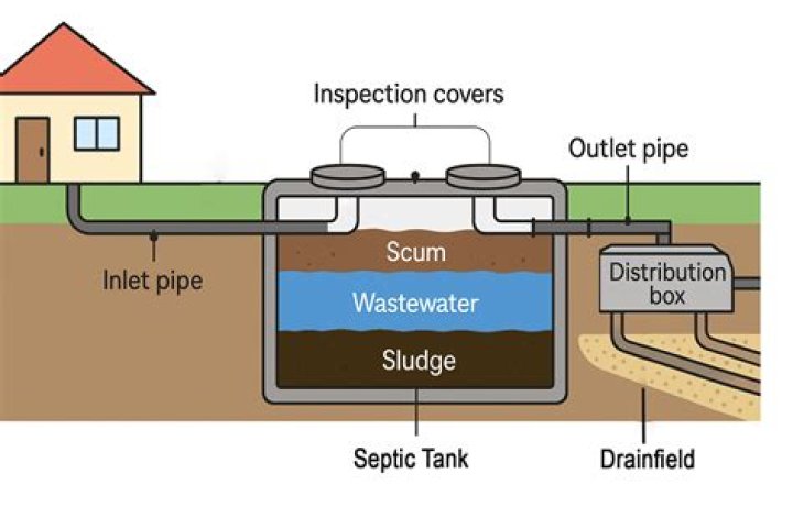 What happens to the solids in a septic tank?