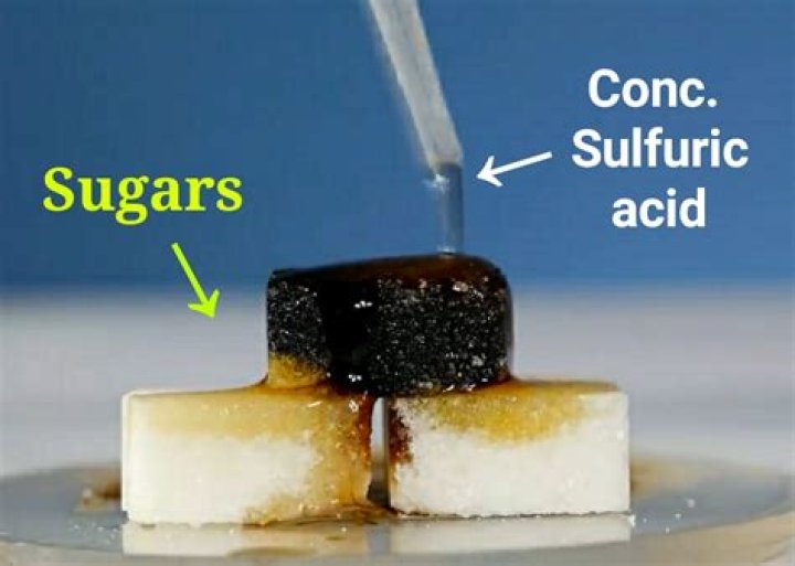 What happens when concentrated Sulphuric acid is added to cane sugar?
