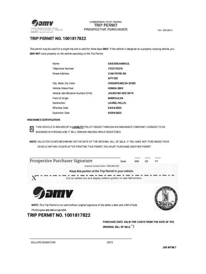 What is a trip permit in VA?