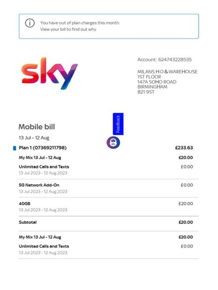 What is my mix on Sky Mobile bill?