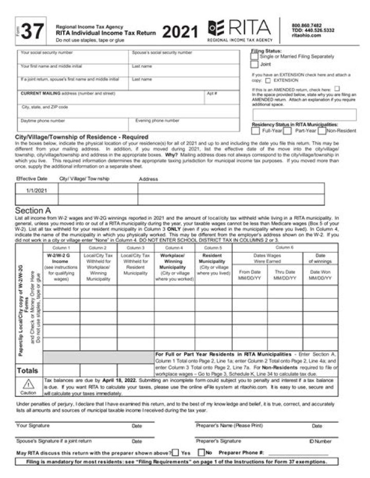 What is Ohio Rita Form 37?