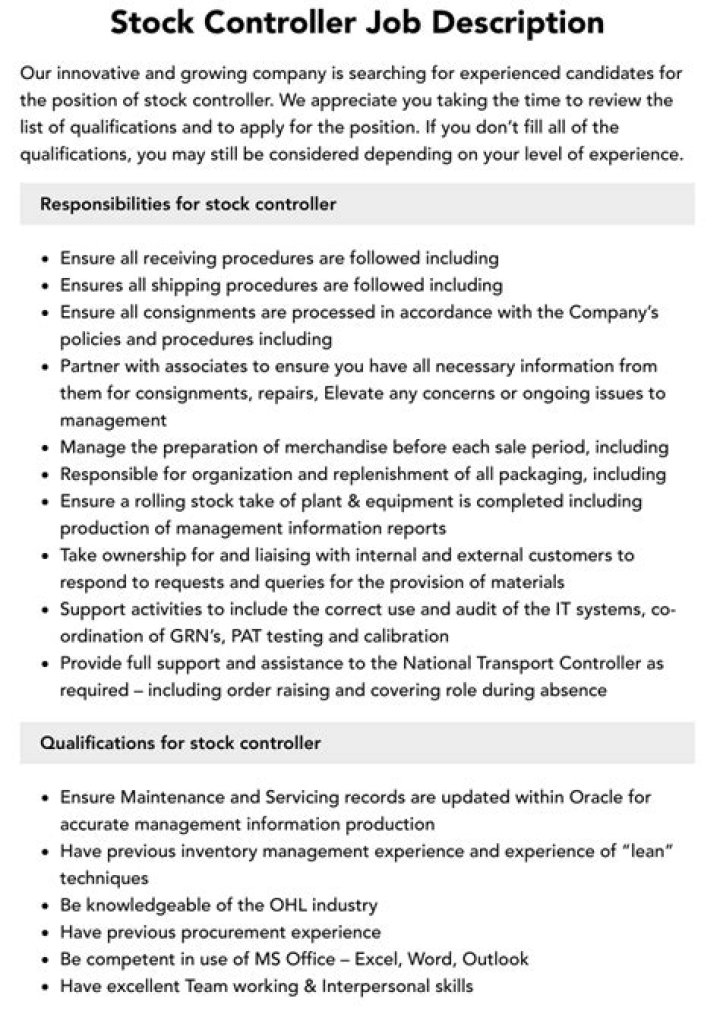 What is the job description of a stock controller?