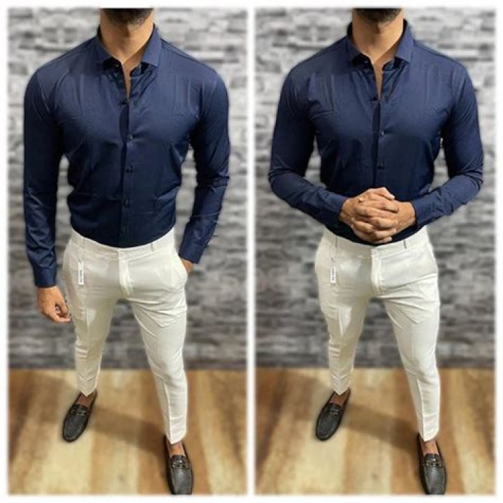 What pants go with a dark blue dress shirt?