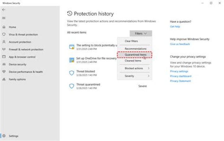 Where are quarantined files stored Windows 10?