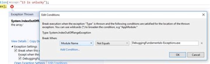 Where is exception settings Visual Studio?