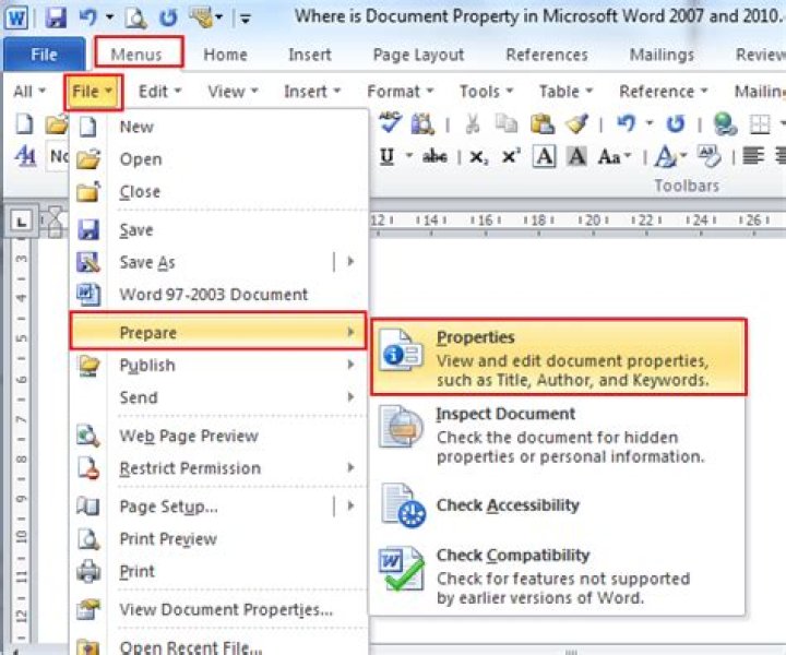 Where is the Properties dialog box in Word?