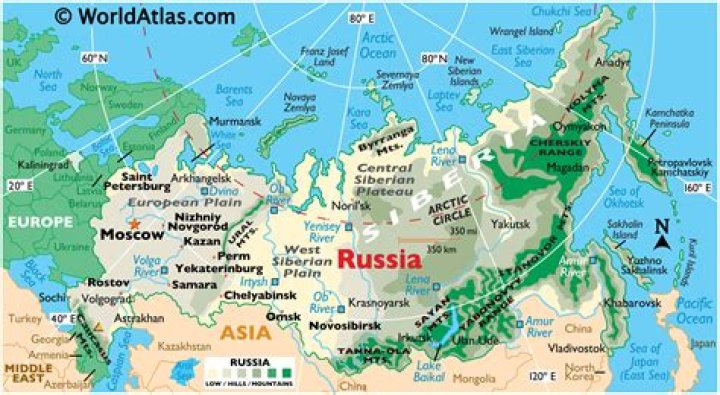 Which is the relative location of Russia to the Middle East?